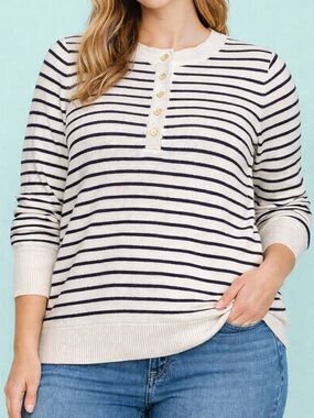 LOFT Navy & White Striped Button Henley Sweater | XL